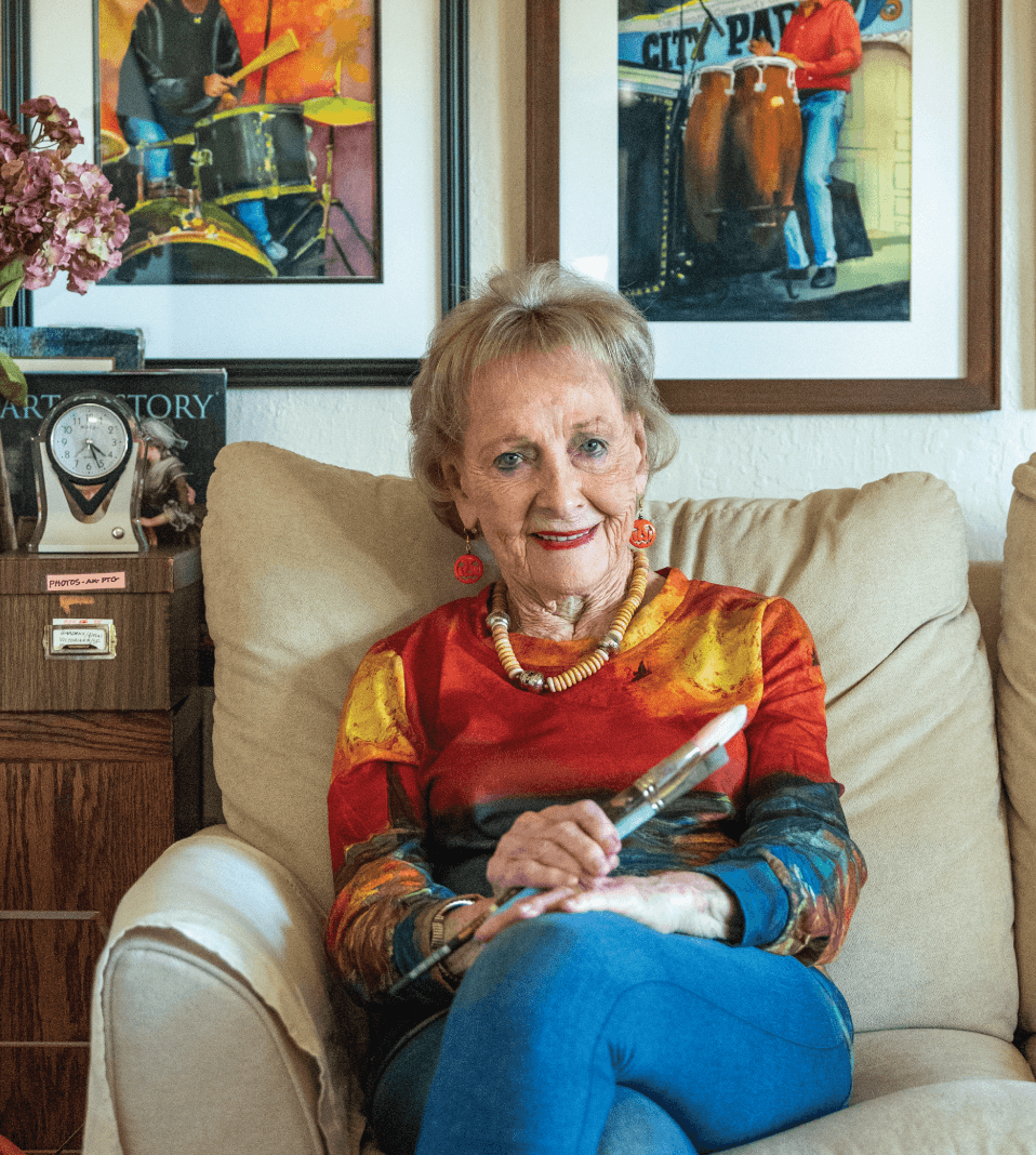 woman sitting on her couch