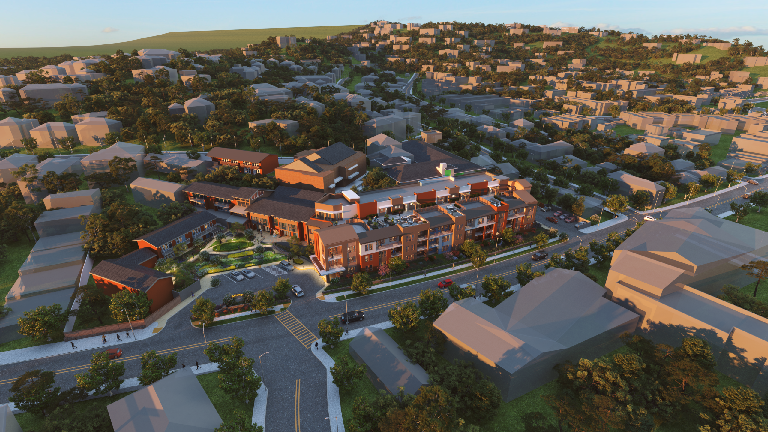 aerial view of Aldersly, a senior living community in San Rafael, CA